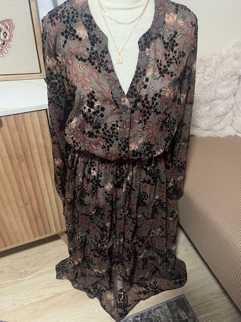 Floral Sheer Long Sleeve Midi Dress - Brown & Black
